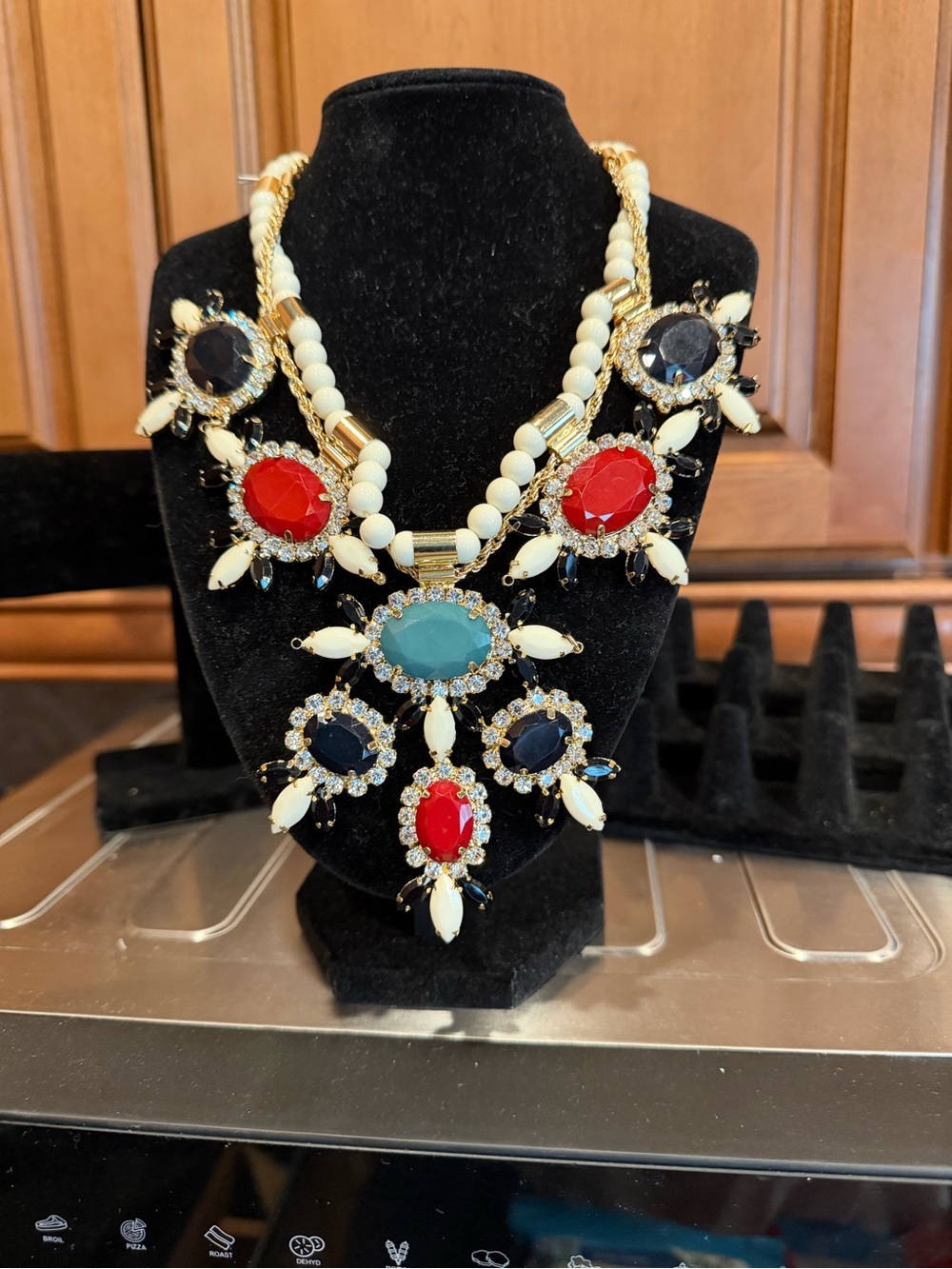 Cara Couture Red, Teal, Navy and Cream Statement Necklace